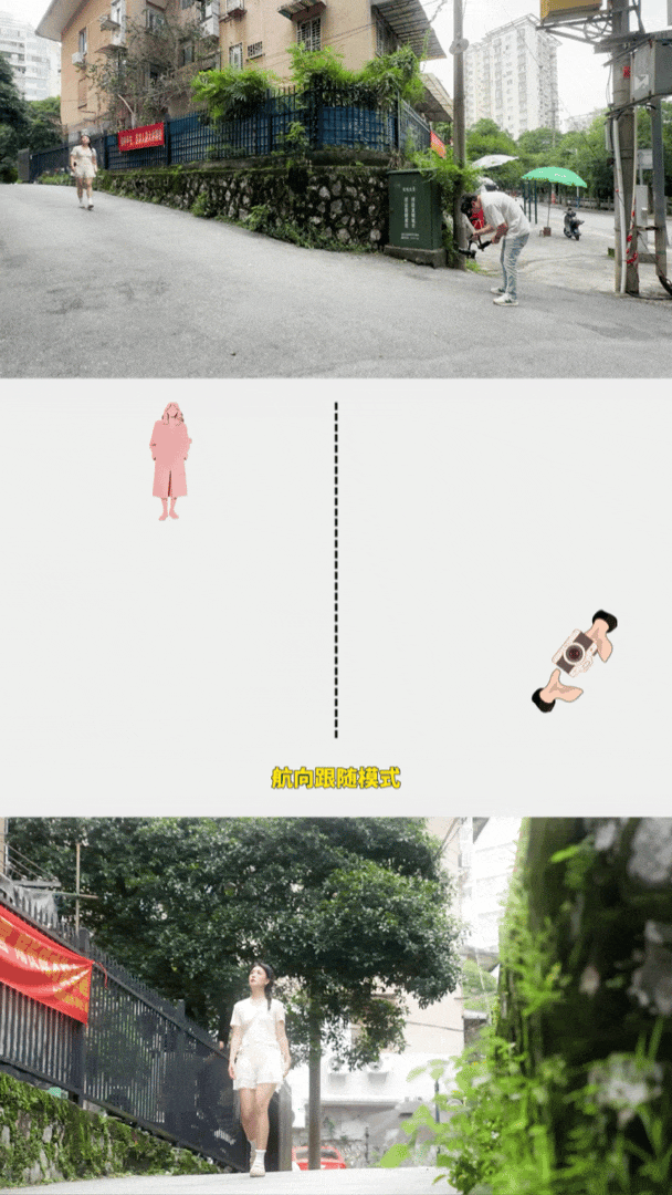 坡路横移运镜示范 飞宇蝎子Mini3 Pro坡路横移运镜示范 - 摄影师在老社区坡道下匀速横移拍摄模特向下行走的松弛动态