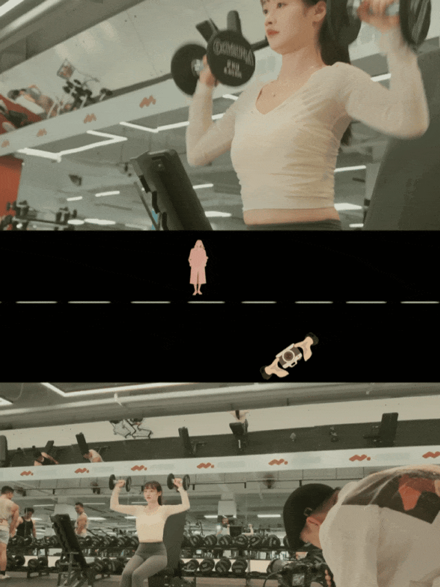 向前推镜拍摄肌肉发力特写 飞宇蝎子Mini3 Pro向前推镜聚焦健身哑铃发力高光瞬间
